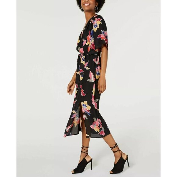 Trixxi Floral Faux Wrap Midi Dress Black Multicolor Tropical Open Back Med - Picture 3 of 14